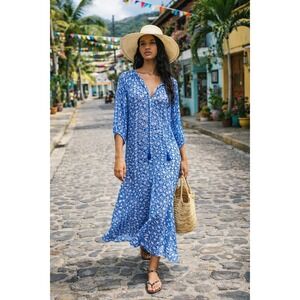 ZARA Blue White Floral Chiffon Tassel Midi Dress Size M Boho Coastal Cottagecore